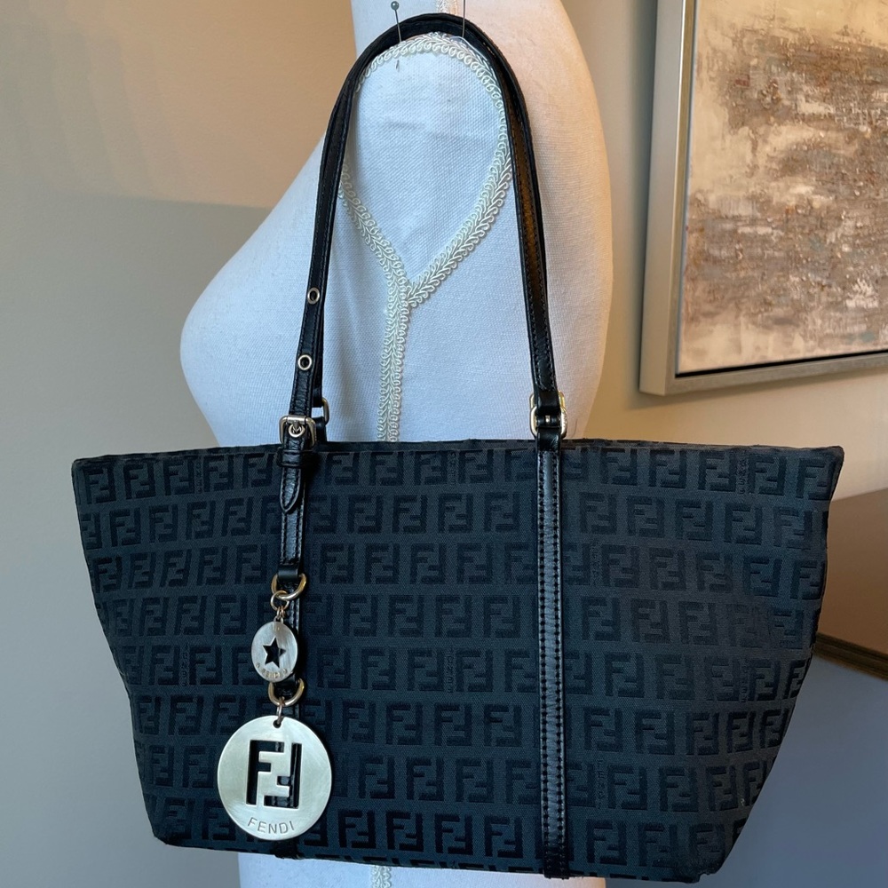 Fendi Black Canvas with leather zip top tote
